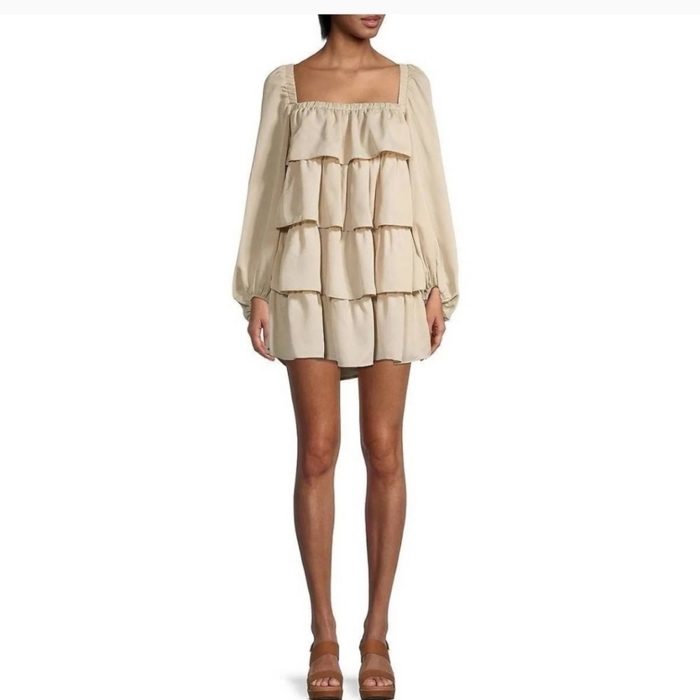 We Wore What NWT Crinkle Chiffon Tiered Mini Dress Creme Bruilee Size Small